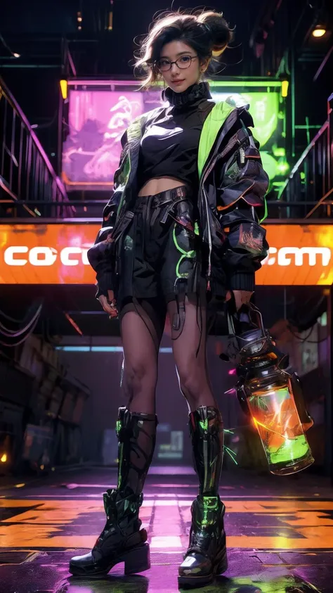 (Realistic),masterpiece,best quality,cinematic lighting,natural shadow,highest detail,professional photography,detailed background,depth of field,insane details,intricate,aesthetic,detailed face,subsurface scattering,looking at viewer,Tilt Shot,
1girl,photo of a cute girl,full body,light smile,charming,20yo,high-tech glasses,low ponytail hair.Swaying hair,Lime green hair,white,outdoors,Shaking Hands,
<lora:GoodHands-vanilla:1>,<lora:add_detail:1>,<lora:Better light:1>,<lora:CyberPunkAISD15p:0.6>,cyberpukai,<lora:cyberpunk_overwatch:1>,