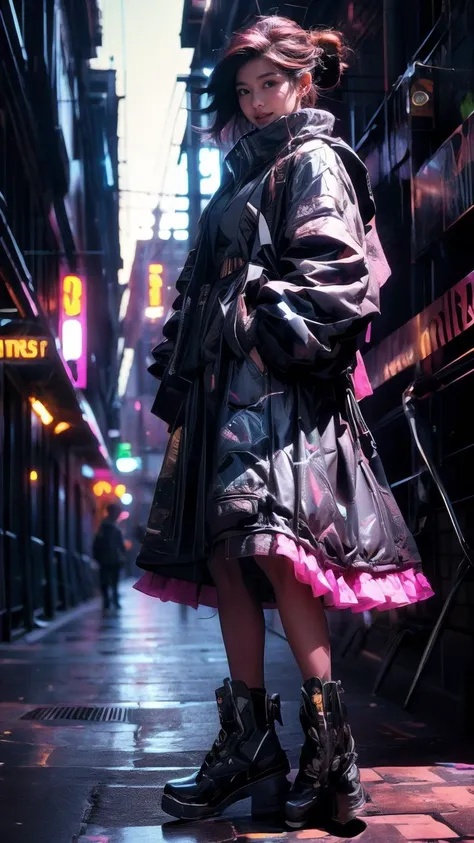 (Realistic),masterpiece,best quality,cinematic lighting,natural shadow,highest detail,professional photography,detailed background,depth of field,insane details,intricate,aesthetic,detailed face,subsurface scattering,looking at viewer,Low Angle,
1girl,photo of a cute girl,full body,light smile,charming,20yo,Fishtail Braid Hair.shiny hair,Maroon hair,red and black tones,outdoors,Surprised,
<lora:GoodHands-vanilla:1>,<lora:add_detail:1>,<lora:Better light:1>,<lora:CyberPunkAISD15p:0.6>,cyberpukai,<lora:cyberpunk_overwatch:1>,