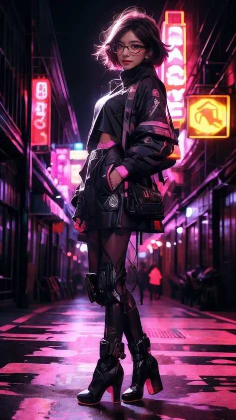 (Realistic),masterpiece,best quality,cinematic lighting,natural shadow,highest detail,professional photography,detailed background,depth of field,insane details,intricate,aesthetic,detailed face,subsurface scattering,looking at viewer,Boom Shot,
1girl,photo of a cute girl,full body,light smile,charming,20yo,high-tech glasses,medium hair.Blunt bangs,Hot pink hair,black background centered,outdoors,Thumbs-Up,
<lora:GoodHands-vanilla:1>,<lora:add_detail:1>,<lora:Better light:1>,<lora:CyberPunkAISD15p:0.6>,cyberpukai,<lora:cyberpunk_overwatch:0.8>,