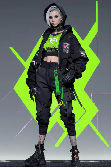 1girl, solo, breasts, looking_at_viewer, short_hair, gloves, navel, holding, green_eyes, standing, full_body, weapon, multicolored_hair, grey_hair, green_hair, shoes, choker, black_gloves, midriff, hood, hair_over_one_eye, gun, crop_top, hoodie, black_pants, sneakers, holding_gun, handgun, cropped_jacket, hand_in_pocket, cyberpunk, cropped_hoodie
, <lora:cyberpunk_overwatch:0.6> <lora:urbanSamuraiClothing_urbansamuraiV03:0.6>