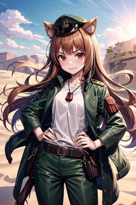 (masterpiece, best quality, detailed), 1girl, solo, 1girl, long hair, brown hair, animal ears, red eyes, wolf tail, necklace, looking at viewer,
military uniform, military, soldier, metal, military hat, green jacket, belt, green pants, camouflage, desert, sand, dust, sun, arms on hips, v-shaped eyebrows, smile