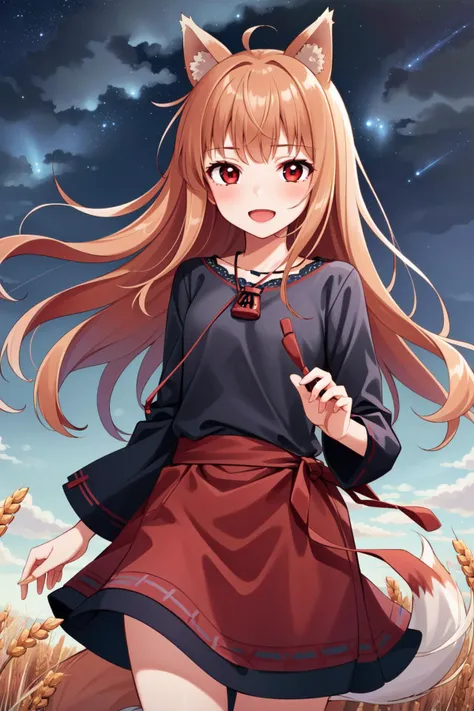 (masterpiece, best quality),  intricate details,
1girl,   <lora:holo_v1:0.8> 1girl, long hair, brown hair, animal ears, red eyes, wolf tail, necklace, 
night time, wheat field, starry sky, happy,