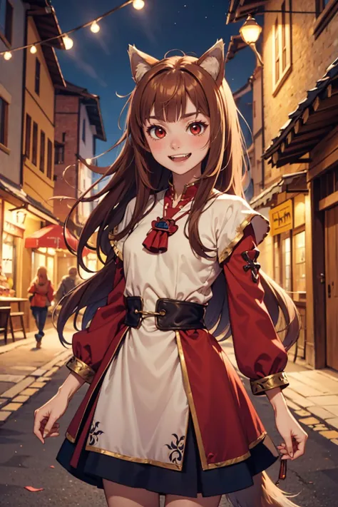 highres, masterpiece, perfect lighting, bloom, cinematic lighting, young adult, female, 1girl, long hair, brown hair, animal ears, red eyes, wolf tail, <lora:character - holo_v1:0.7>, merchant dress, medieval clothes, medieval market, medieval town, cowboy shot, smile, <lora:concept - weight_slider_v2:-0.5> , small breasts, fangs, fang out