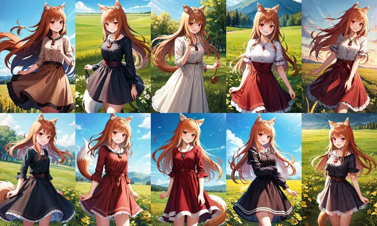 masterpiece, best quality, highres, 1girl, long hair, brown hair, animal ears, red eyes, wolf tail, necklace, dress, <lora:holo_v1:0.7>, standing, cowboy shot, smile, field