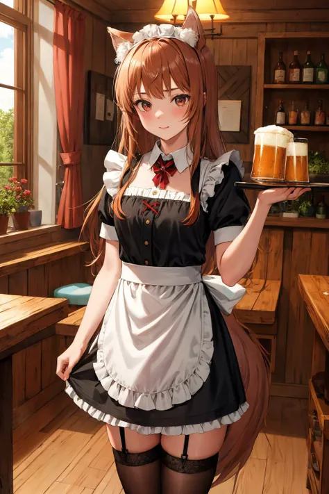 masterpiece, best quality, highres, 1girl, long hair, brown hair, animal ears, red eyes, wolf tail, <lora:holo_v1:0.7>,
maid, maid headdress, apron, brooch, standing, garden, table, black panties, garter straps, serving food, meat,beer, indoor,
médieval pub