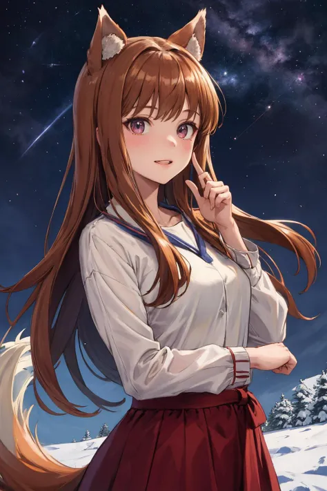 masterpiece, best quality, highres, 1girl, long hair, brown hair, animal ears, red eyes, wolf tail, <lora:holo_v1:0.7>,
Outdoor, watching the sky, milky way, smile, poiting the sky with his finger