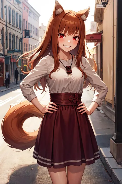 masterpiece, best quality, highres, 1girl, long hair, brown hair, animal ears, red eyes, wolf tail, necklace, dress, sash, pouch, <lora:holo_v1:0.7>, hand on hip, smile, grin, town, standing