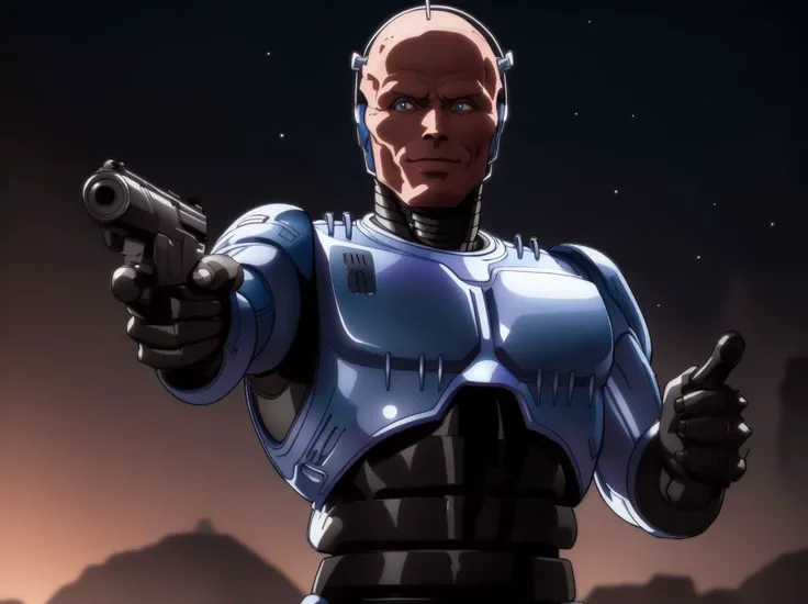 <lora:UnmaskedRobocop:0.8>,(robocop:1.4),robot,(android:1.4),(chrome metal:1.4),(metal skin:1.4),titanium,(handsome:1.4),shiny skin,1boy,<lora:LoraGoth:0.7>,aiming at viewer,(handgun:1.2),holding pistol,holding,holding weapon,smile,night,night sky,closed mouth,