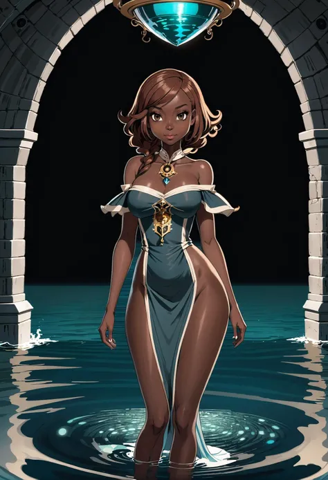 1girl, (welcoming engineer:1.3), (in in the deep medieval, tropical ocean:1.3), full body, bright brown hair, pointy hair, pose, [:wild costume design:0.2], , wide hips, sexy slim hourglass figure,skindentation, ((off shoulder dress:1.3):1.2), (dark skin:1.3)<lora:EnvyBeautyXL01:1>
