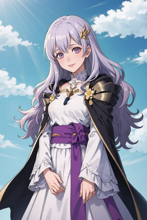 masterpiece, best quality, solo, 1girl, looking at viewer, smile,  <lora:deirdreV1:0.8>, ,leg_deirdre, wavy hair, hair ornament, white long dress, puffy long sleeves, long skirt, purple pelvic curtain, toeless footwear, turtleneck, jewelry, gradient clothes, purple cape, hood, hood down, layered skirt, flower, gold trim,  <lora:FE-ENGAGE S Rank_Fp:1>, sky, cloud, upper body,