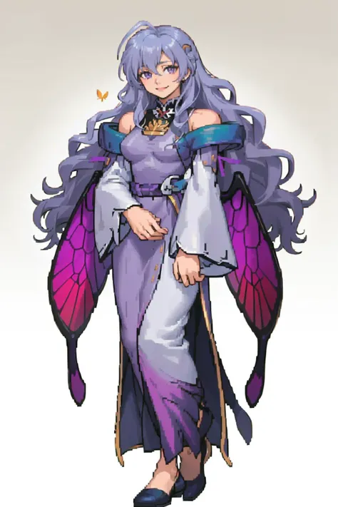 masterpiece, best quality, solo, 1girl, looking at viewer, smile, <lora:deirdreV1:0.8>, ,res_deirdre, purple dress, wavy hair, antenna hair, butterfly wings, bare shoulders, long sleeves, gradient clothes, wide sleeves, detached sleeves, detached collar, turtleneck, sleeveless, jewelry, gradient dress, <lora:Cps2V3test_Fp:0.8>, full body, simple background, standing