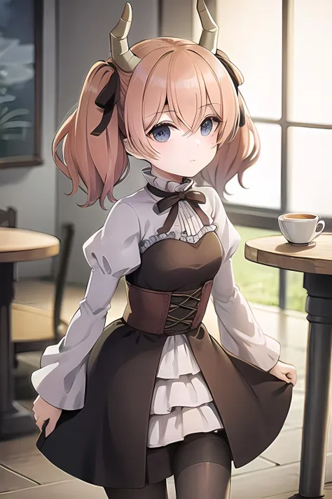 liniefrieren, 1girl, solo, long sleeves, ribbon, hair between eyes, twintails, hair ribbon, horns, puffy sleeves, juliet sleeves, brown bow, brown ribbon,pantyhose<lora:linie:0.7>
,child,toddler size,
\(åå¡å»³\),day, sunlight, indoors, cafe, table, coffee,
in heat,
masterpiece, best quality, abstract art, holding axe, dynamic, <lora:ink_mecha-000012:0.6>