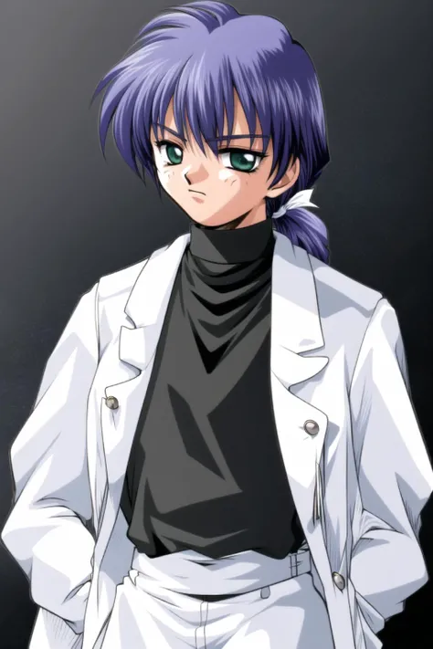 tachi-e,
<lora:moon-v2:1>
mima ryousuke, solo, black background, letterboxed, transparent background, long hair, 1boy, labcoat, long sleeves, ponytail, buttons, green eyes, blue hair, upper body, simple background, standing, turtleneck, tachi-e