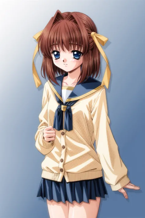 1girl, short hair, blue neck ribbon, two side up, red hair ribbon, hime cut bangs, swept bangs, parted bangs, blush, yellow cardigan, sleeves past wrists, brown hair, black socks, long sleeves, sailor collar, dark blue sailor collar, dark blue eyes,
<lora:moon-itaru-hinoue-nai-e5:1>