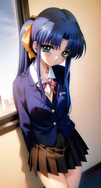 masterpiece, best quality, absurd res, 1girl, night, moon, windows, solo, sky, school uniform, tachibana kanade, Angel Beats!, blue hair, long hair, green eyes, ponytail, white shirt, brown blazer, black skirt, petite, na-ga, :< , from above, looking up at viewer,<lora:moonEarlyItaruHinoue_1:0.76>