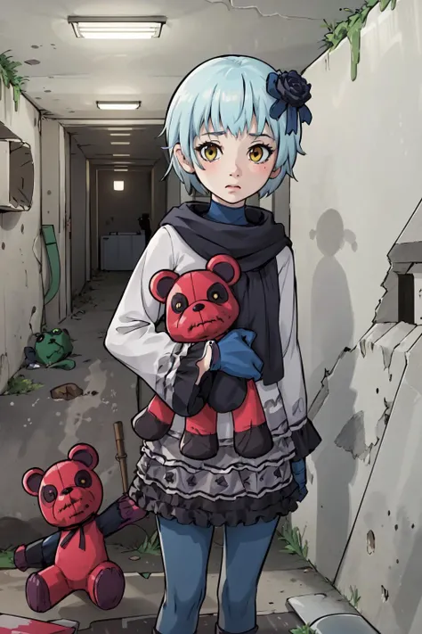 masterpiece,best quality,absurdres,pennyaw,1girl,standing,gloves,solo,hair ornament,short hair,blue hair,expressionless,skirt,pantyhose,teddy bear,stuffed animal,facing viewer,(in concrete bunker,underground:1.2), <lora:AWPenny-10:0.8>