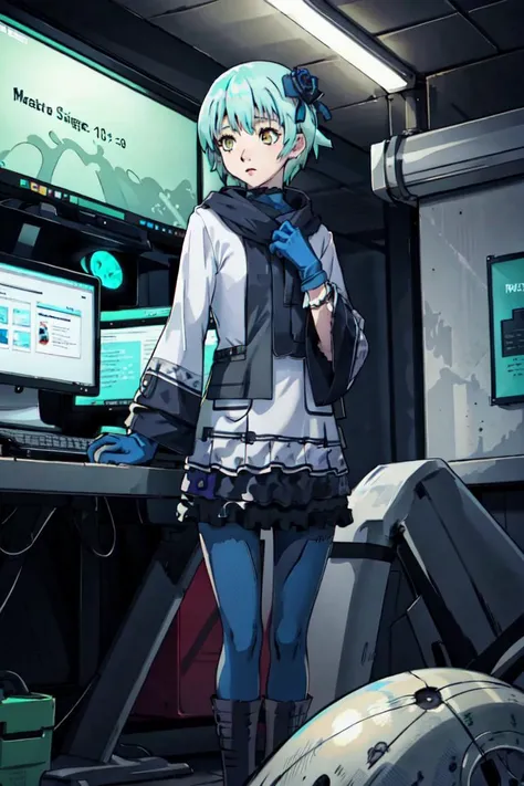 pennyaw,1girl,aqua hair,gloves,standing,in military base,computer room,indoors,blue glow,science fiction,sitting,underground,metal,lace skirt,pantyhose,<lora:AWPenny-10:0.7>