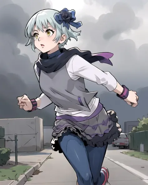pennyaw,1girl,running,skirt,pantyhose,outdoors,grey sky,<lora:AWPenny-10:0.8>