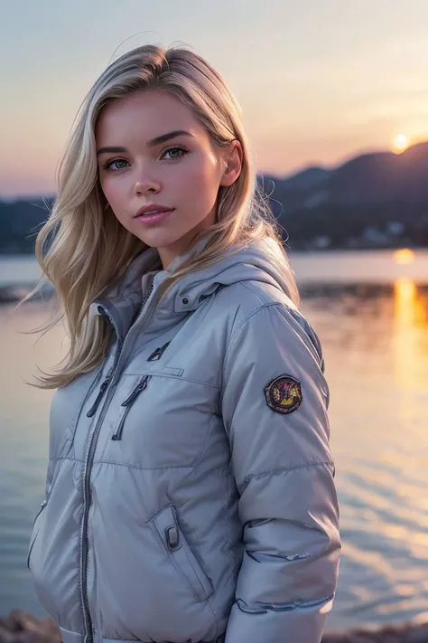 photo of S216_MillaSofia,a stylish woman,in a (tundra:1.1),wearing a (parka-jacket:1.1) and (jeans:1.1),(sunset),(8k, RAW photo, best quality, depth of field, ultra high res:1.2),(absurdres, intricate, photorealistic, masterpiece, ultra-detailed:1.3),