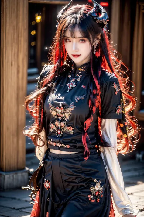 <lora:heihua006:0.8>,(face lighting:0.8),bright backlight,super high resolution,best quality,Photos,4k,(Realistic:1.2),heihua,1girl,very long hair,red eyes,smile,thigh,full_shot,front view,devil horn,standing,Succubus Clothing,<lora:hanfu,winter hanfu,Cloak:0.6>, hanfu,winter hanfu,