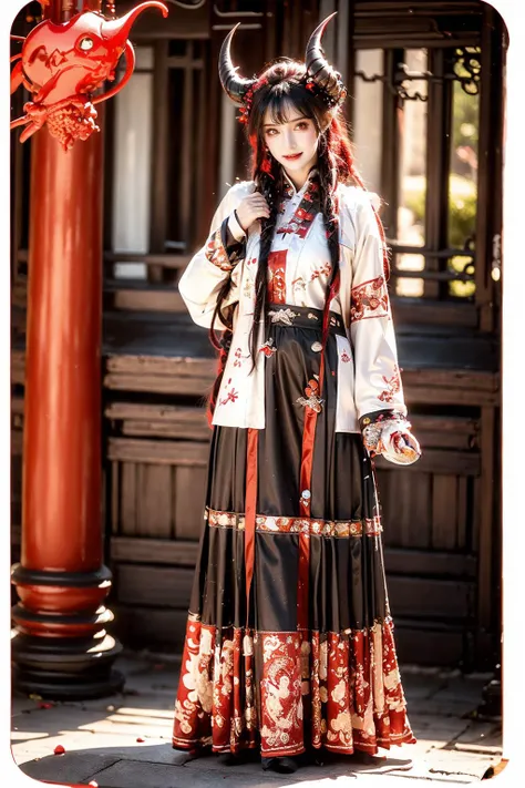 <lora:heihua006:0.8>,(face lighting:0.8),bright backlight,super high resolution,best quality,Photos,4k,(Realistic:1.2),heihua,1girl,very long hair,red eyes,smile,thigh,full_shot,front view,devil horn,standing,Succubus Clothing,<lora:hanfu,winter hanfu,Cloak:0.9>, hanfu,winter hanfu,