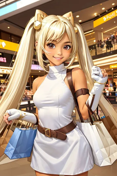 young girl, looking at viewer, medium full-shot, <lora:CassieV1:0.65> cassie, long hair, light blonde hair, twintails, elbow gloves, happy smile, tanned skin, slim, (white and brown clothes, multiple shopping bags), shopping mall