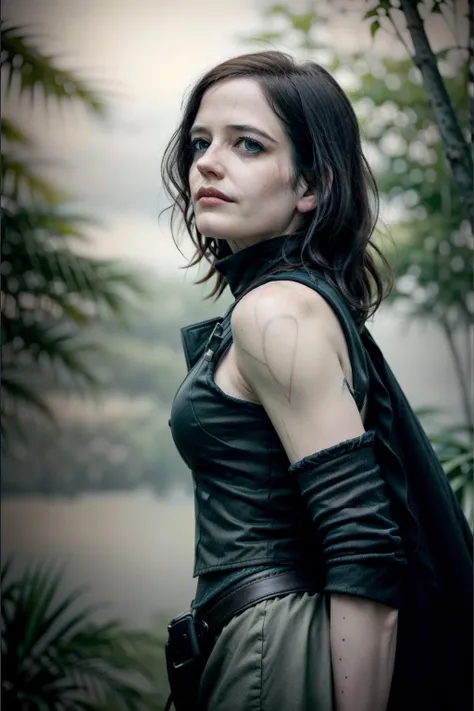 <lora:add_detail:1>, <lora:GoodHands-vanilla:1>, <lora:eva_green-04:1> woman, ((3v4gr33n)), solo, half shot, looking down, detailed background, detailed face, (tropical jungle theme:1.1), focus on eyes, calm, witcher, monster slayer, wearing sleeveless witcher armor, elaborate, visible scars, billowing cape dynamic pose, glowing tattoos, supernatural abilities, snowy landscape in background, misty haze, intesne action, wind blowing, bokeh, fantasy atmosphere,
