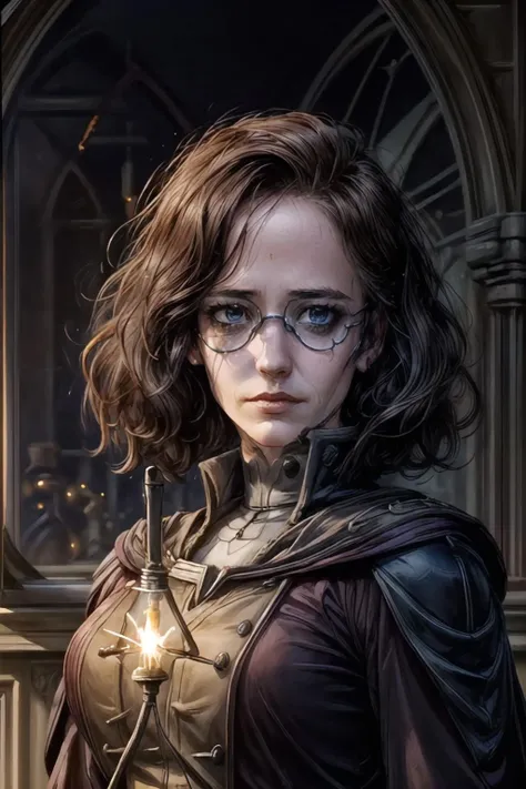 <lora:eva_green-04:1> ((a woman 3v4gr33n):1.2),portrait, looking at viewer, solo, upper body, detailed background, detailed face, (Hogwarts theme :1.1), medieval alchemist, goggles, workshop in background,  metal container,  tubes, vials,  posion,  spark,  fluorescent liquid,   glowing magical symbols, technology, magical fantasy atmosphere, occult hermeticism, shadows, , (( vector))