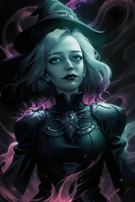 warlockandboobs, <lora:eva_green-04:1> a woman ((3v4gr33n:1.4)), looking up, solo, half shot, detailed background, (sinister (DarkFantasy:0.8), dark fantasy theme:1.1), witch hat, witch, magical atmosphere, hair flowing in the wind, blue trimmed light colored clothes, dynamic pose, whirlwind of swirling flames in the air, swirling portal, dark magic, (style-swirlmagic:0.8), floating particles, clouded background, backlighting, dim light,,
