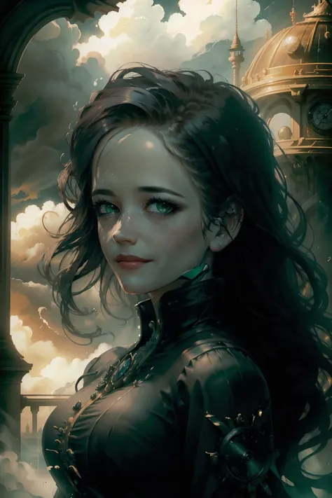 <lora:eva_green-04:1> a woman 3v4gr33n,(focus on character:1.1), portrait, solo, upper body, detailed background, detailed face, (<lora:ChronomancyAI:0.5>, ChronomancyAI, chronomancy theme:1.1), aristocratic pose, smiling, ruling class, elegant clothing, looking over floating (cloud city:1.1), cloudtop sky-city, floating platforms, floating buildings, dome, balcony, propellers, clouds in background, sky waterfall in background, wind blowing, cinematic atmosphere, glowing dark red lights,