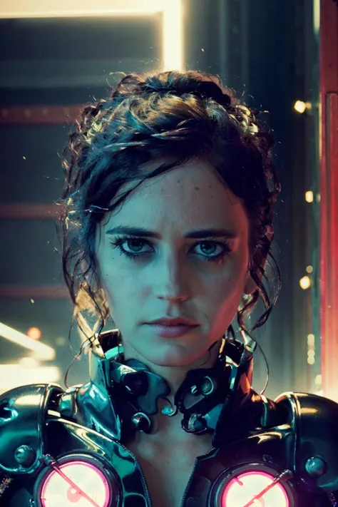 <lora:eva_green-04:1> a woman , ((3v4gr33n)), portrait, solo, upper body, looking at viewer, detailed background, detailed face, (<lora:1970RetroFuturism:0.6>, 1970retrofuturism, 1970s theme:1.1), android, biomechanical limbs, wires, cables, sleek design, steel, circuits, robotics, powered by magic, holograms, particle effects, bright white lights, bioluminescent parts, energy pulse, reflections, neon colors, wires in background, epic atmosphere,