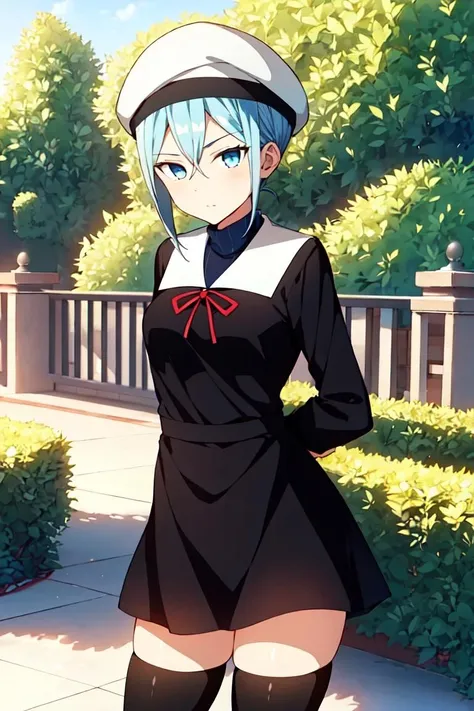 1girl, white headwear, hair between eyes, short hair, red ribbon, turtleneck, zettai ryouiki, black thighhighs, looking at viewer, cowboy shot, blue eyes, blue hair, black dress, outdoors, garden, school uniform, long sleeves, white beret, (arms behind back), <lora:momo_ryuju-10:0.7>