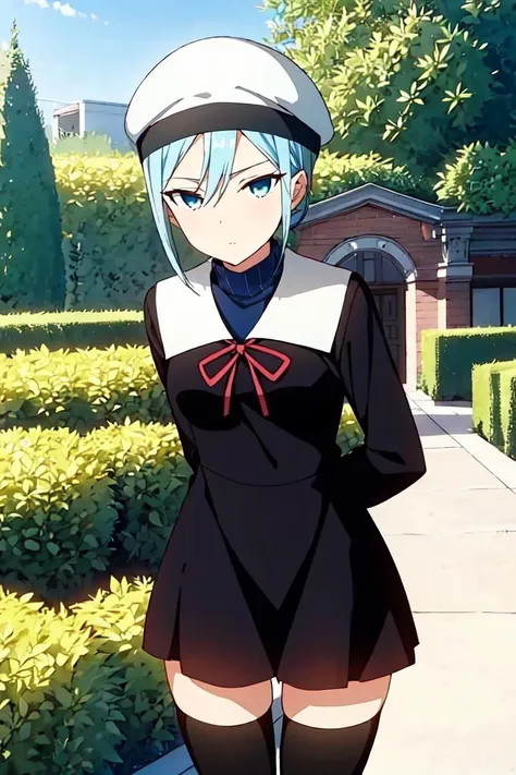1girl, white headwear, hair between eyes, short hair, red ribbon, turtleneck, zettai ryouiki, black thighhighs, looking at viewer, cowboy shot, blue eyes, blue hair, black dress, outdoors, garden, school uniform, long sleeves, white beret, (arms behind back), <lora:momo_ryuju-10:0.8>