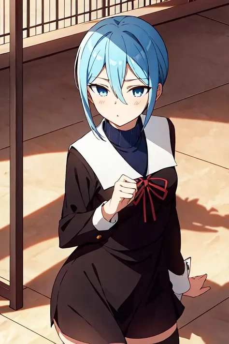 <lora:momo_ryuju-10:0.8>, 1girl, hair between eyes, short hair, red ribbon, turtleneck, zettai ryouiki, black thighhighs, blue eyes, blue hair, black dress, school uniform, long sleeves,