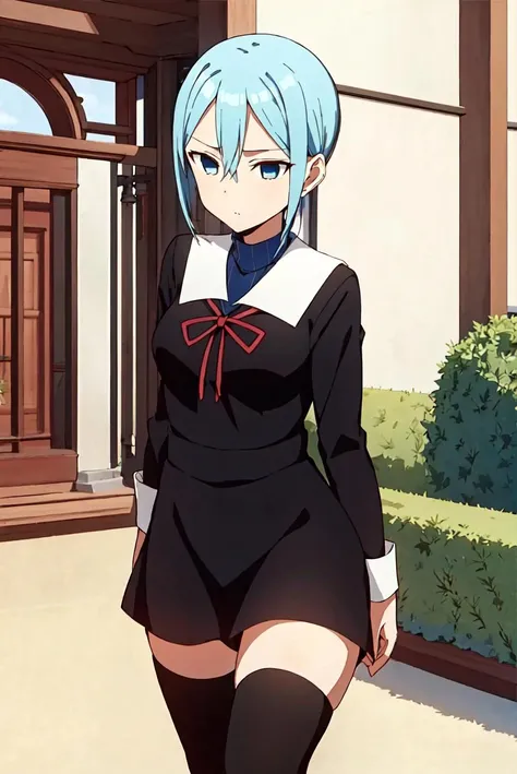 <lora:momo_ryuju-10:0.8>, 1girl, hair between eyes, short hair, red ribbon, turtleneck, zettai ryouiki, black thighhighs, blue eyes, blue hair, black dress, school uniform, long sleeves, (blue backgound),