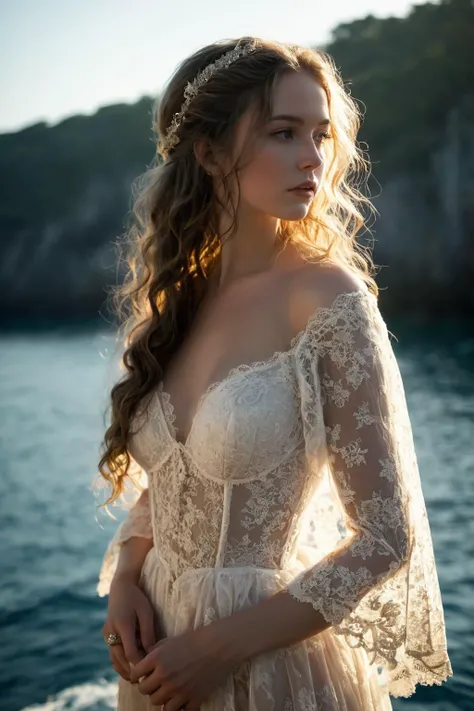 Nude photo by Hegre in the style of Met-Art,1girl,naked,25 y.o.,medium natural breasts,titian hair,highly detailed pale skin with hair,hard light,hard shadows,haunted pirate ship on a spectral sea at midnight, Lace Details: Highlight lace or delicate fabrics, subtly revealing and concealing,