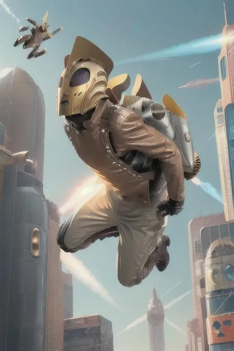 rocketeer, 1boy, helmet, jetpack, flying, flying toward camera, cyberpunk, science fiction, contrail, city , dynamic pose, cyberpunk style, city, 8k, masterpiece, highly detailed, dynamic lighting, neon signs, high contrast, dark, gritty,
<lora:rocketeer_v1.0:1> ,