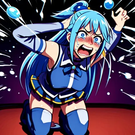 <lora:LCM_LoRA_Weights_SD15:1>,masterpiece,best quality,highly detailed,1girl,solo,scared,panicking,constricted pupils,screaming,raised eyebrows,wide-eyed,crying,tears,
<lora:aqua_konosuba-000035:0.7>,aqua \(konosuba\),1girl,blue eyes,blue footwear,blue hair,blue thighhighs,blush,boots,breasts,bubble,detached sleeves,hair ornament,hair rings,leg up,long hair,single hair ring,skirt,thigh boots,thighhighs,very long hair,white thighhighs,
BREAK
<lora:malevolentFaceEnd:0.4>,crying,frown,screaming,tearing up,streaming tears,trembeling,uvula,arms up,(((emphasis lines,@ @, wide-eyed,constricted pupils,streaming tears,crazy eyes))),leaning back,full-face blush,kneeling,casino,casino card table,