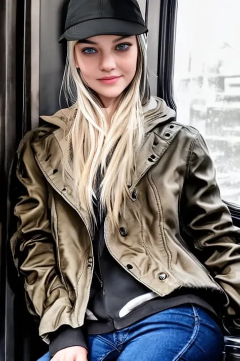 <hypernet:roseW:1> 1girl, blonde hair, blue eyes, long hair, bright smile,
baseball cap, beanie, black background, black headwear, blue pants, denim, hat, jacket, jeans, long sleeves, pants, shoes, sneakers, torn clothes, torn jeans, torn pants,
standing, face focus, sitting in a train, window, sky, blue skies, dramatic lighting, close up,
solo, realistic, masterpiece, highly detailed, ultra detailed, best quality, highest quality, realistic lighting, hyperdetailed, hyperrealism, gorgeous features, clear face, symmetrical face, beautiful face, rendered eyes, detailed eyes, skin pores, sharp focus, full body,