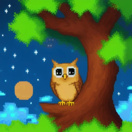 a cute owl sleeping in tree hole, night sky, glowing stars, (pixelart:1.2), modern disney style