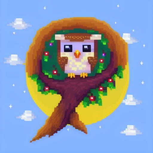 a cute owl sleeping in tree hole, night sky, glowing stars, (pixelart:1.2), modern disney style