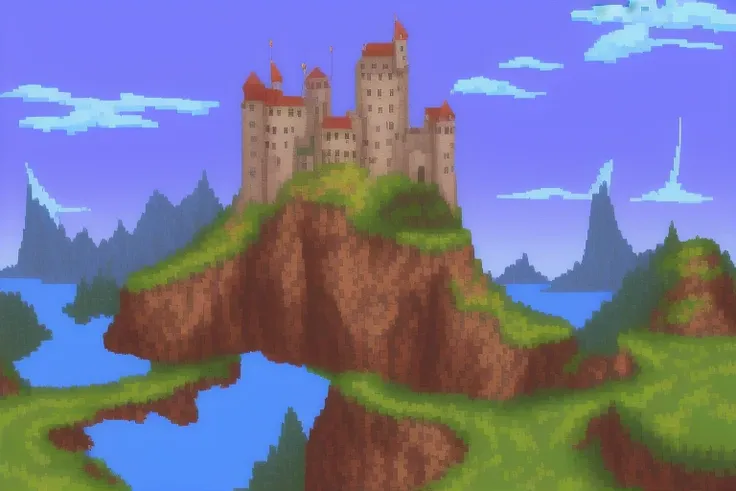 fantasy landscape, castle, game background, pixel art