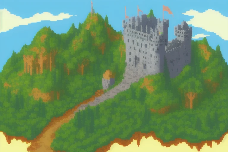 fantasy landscape, castle, game background, pixel art