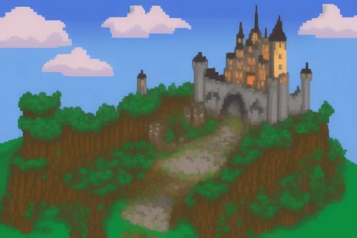 fantasy landscape, castle, game background, pixel art