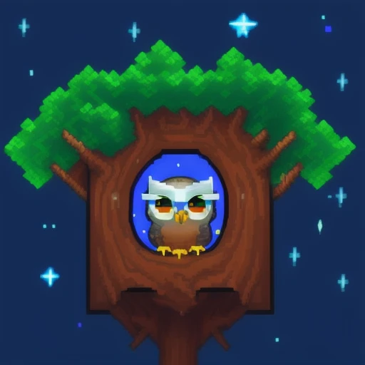 a cute owl sleeping in tree hole, night sky, glowing stars, (pixelart:1.2), modern disney style