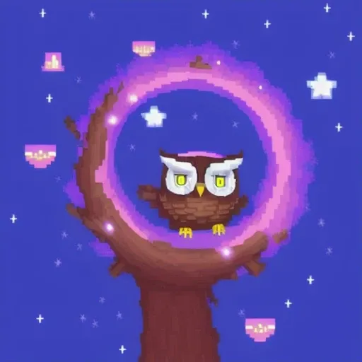 a cute owl sleeping in tree hole, night sky, glowing stars, (pixelart:1.2), modern disney style