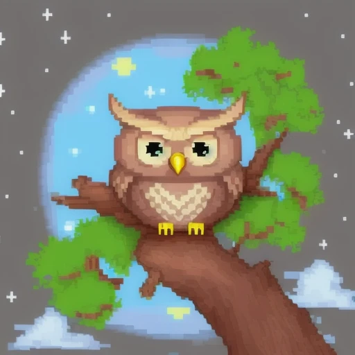 a cute owl sleeping in tree hole, night sky, glowing stars, (pixelart:1.2), modern disney style