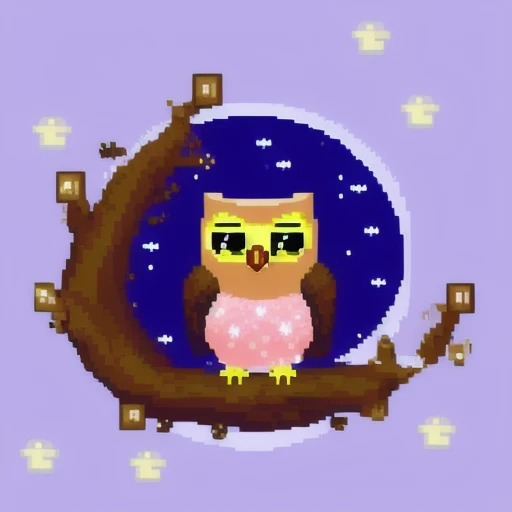 a cute owl sleeping in tree hole, night sky, glowing stars, (pixelart:1.2), modern disney style