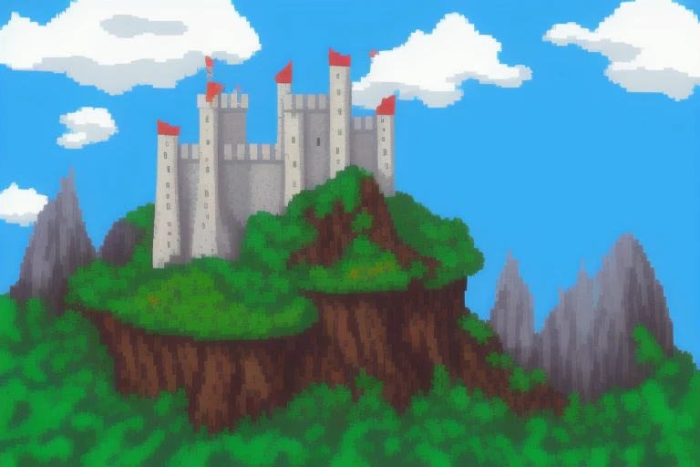 fantasy landscape, castle, game background, pixel art