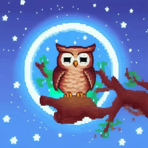 a cute owl sleeping in tree hole, night sky, glowing stars, (pixelart:1.2), modern disney style